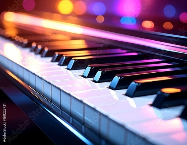 Fototapeta Close-up shot of a grand piano's black and white keys, bathed in soft, colorful bokeh lighting, evoking a sense of elegance and musical performance