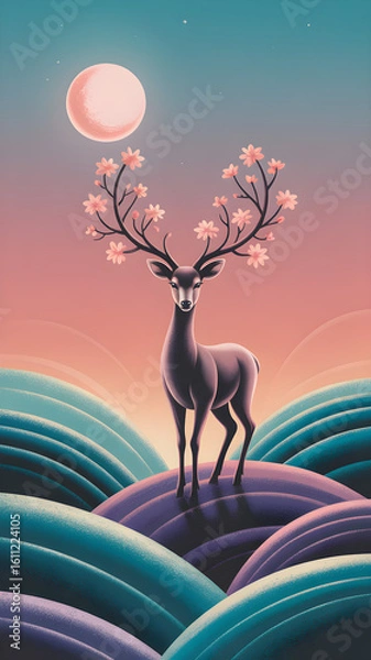Fototapeta deer in the forest,deer in the sunsetStylized 2D vertical illustration with vibrant color play. Rolling textured hills in cool tones sit beneath a pastel pink moon. The gradient sky fades from ocean ,