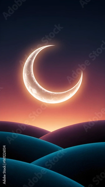 Fototapeta Modern vertical artwork with a soft pink crescent moon and vibrant gradient sky, featuring pointillism hills; ideal for posters, web UI, album art, or wellness branding.