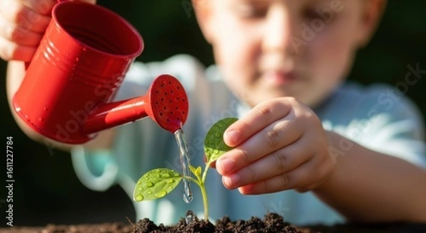 Fototapeta Young child carefully watering a small green seedling with a red watering can