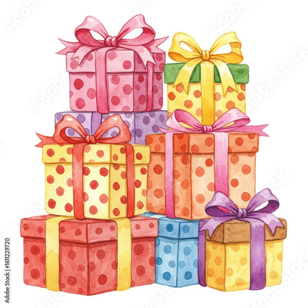 Fototapeta A vibrant watercolor illustration of a festive stack of colorful polka-dotted gift boxes tied with bows, ready for celebration.