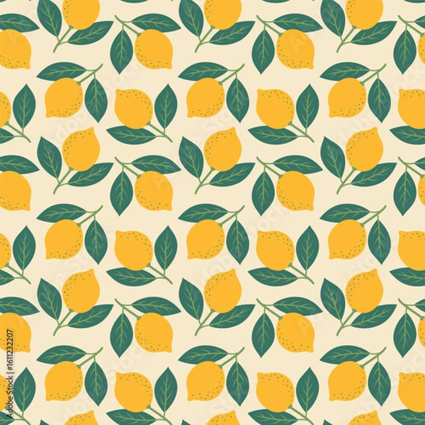 Fototapeta Mediterranean lemon fruits and leaves seamless pattern. Yellow green coloured summer italian citrus branches background design. EPS 10 vector wallpaper.