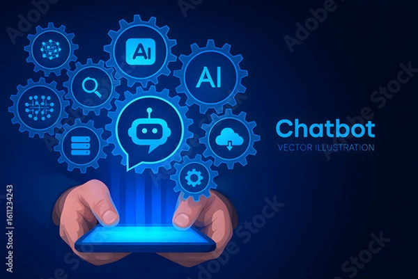 Fototapeta Chatbot Technology Concept with Artificial Intelligence and Gears Representing Automation and Smart Interaction