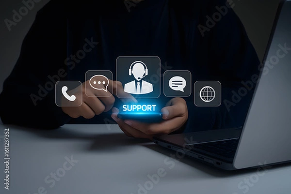 Fototapeta Customer Support Representative Using Digital Support Interface for Online Help and Communication