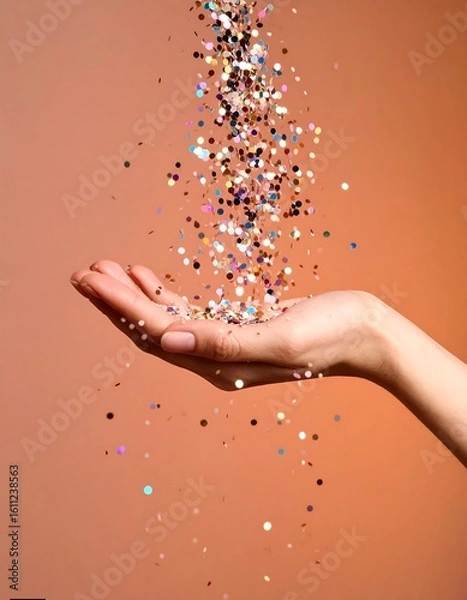 Fototapeta A cascade of vibrant, sparkling glitter gracefully falls into an open hand, symbolizing joy, magic, and celebration with radiant light