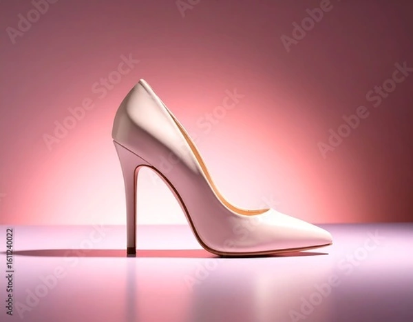 Fototapeta A single, glossy pink stiletto high-heeled shoe representing timeless feminine elegance and fashion on a reflective surface