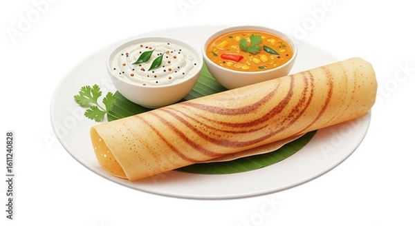 Fototapeta Delicious dosa recipe south indian food with sambar and chutney on a white plate tasty and healthy 100 char on transparent background
