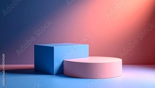 Fototapeta Minimalist geometric display with a blue cube and a pink pedestal, illuminated by a gradient background, ideal for modern product showcasing