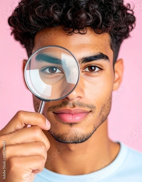 Fototapeta Intriguing Gaze A Young Man's Close-Up Portrait with Magnifying Glass