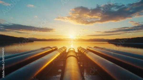 Fototapeta Sunset over Pipes near Calm Water, Stunning Landscape with Industrial Elements and Dramatic Lighting Effects