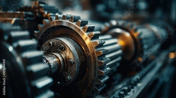 Fototapeta Close-Up View of Gears and Pistons in Heavy Machinery Operations