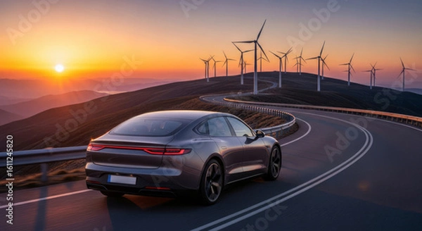 Fototapeta A sleek electric car drives along a winding road towards a horizon illuminated by a vibrant sunset, with a field of wind turbines in the background.