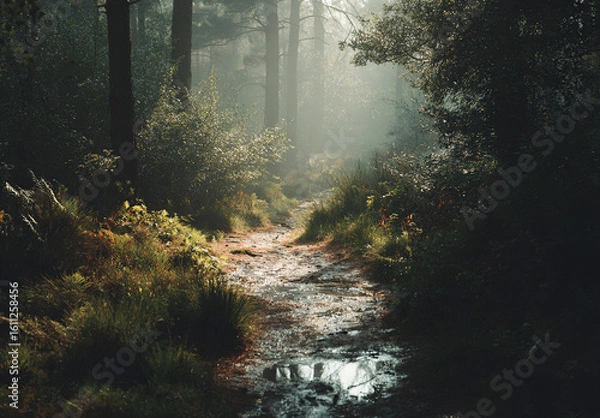 Obraz Sunlit forest path with soft afternoon light