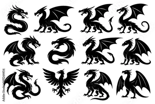 Fototapeta Black dragon silhouettes with wings, serpentine forms, and curled emblems, Transparent Background