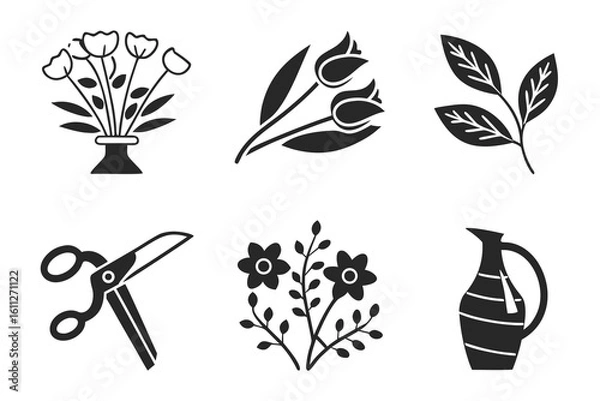 Fototapeta Floral Elements and Gardening Tools Icon Set.