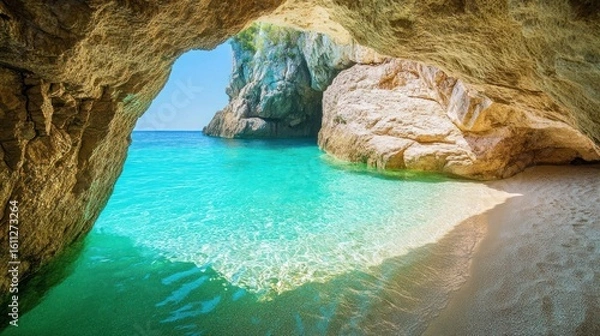 Fototapeta Idyllic beach cove with crystal clear turquoise water and rock formations