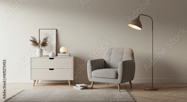 Fototapeta Modern Light Gray Armchair in Minimalist Living Room with Floor Lamp and White Sideboard