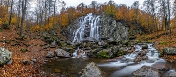 Fototapeta Cascading waterfall amidst autumn foliage in forested landscape setting