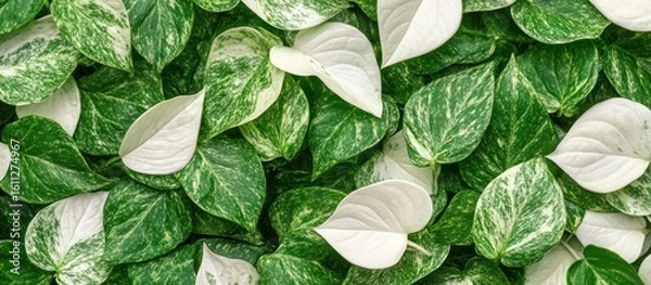 Fototapeta Close-up of variegated epipremnum aureum leaves offering a botanical richness
