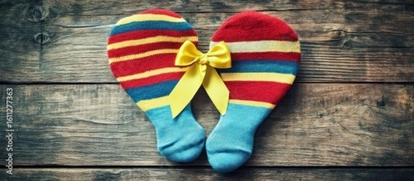 Fototapeta Playful heart crafted from socks and ribbon on rustic wooden surface