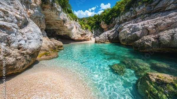 Fototapeta Secluded Turquoise Cove with Rocky Cliffs and Lush Greenery under a Blue Sky