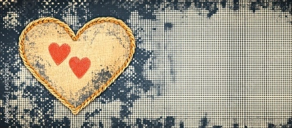Fototapeta Textured heart with rope border on polka dot and grunge patterned background