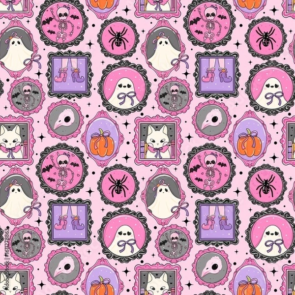 Obraz Cute Spooky Frames Halloween Pattern. Kawaii Halloween Frames Pattern. Cute Ghost and Cat Halloween Design