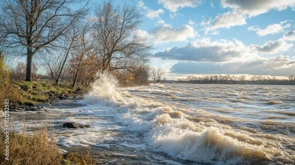 Fototapeta turbulent river scene, waves crashing against a riverbank under a dynamic sky