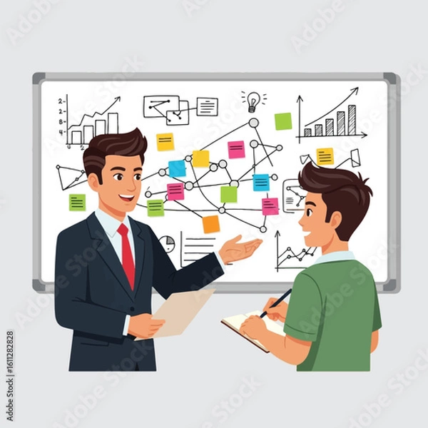 Obraz A businessman explaining a complex strategy to a student, using a whiteboard with diagrams.
