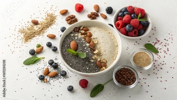 Fototapeta plant based protein powder concept A variety of healthy seeds and nuts arranged with fresh berries in a modern setting.