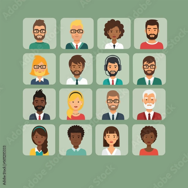 Obraz A grid of sixteen diverse avatar portraits of people with varying hairstyles, skin tones, and facial features.