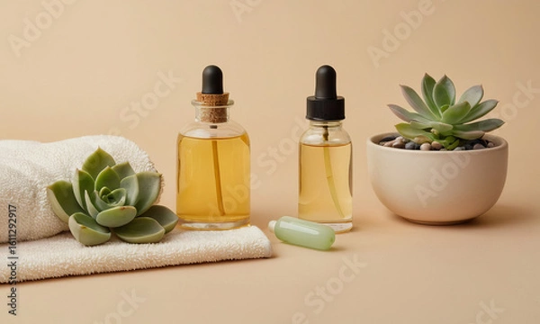 Obraz Elegant spa and wellness still life with essential oils and succulent plants