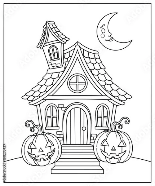Obraz Halloween Haunted House with Jack-o’-Lanterns and Crescent Moon Coloring Page for Kids and Holiday Fun