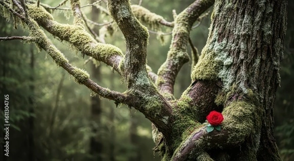 Fototapeta A single red rose blooms on a mosscovered ancient tree