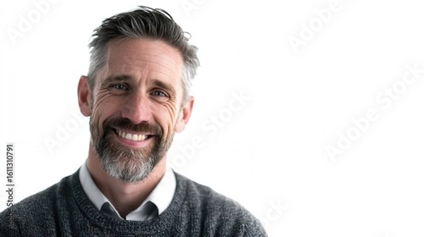 Fototapeta Smiling Middle-Aged Man with Beard in Casual Sweater Against White Background