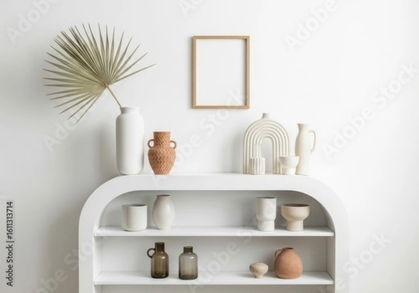 Fototapeta A stylish white shelf unit filled with decorative vases, a palm leaf, and a blank picture frame against a white wall