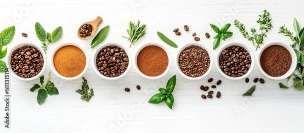 Fototapeta Aromatic symphony: Top view of coffee beans, grounds, and herbs on white wooden table