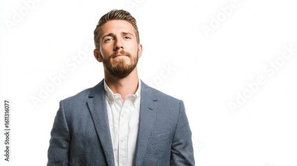 Fototapeta Confident Businessman in a Suit with a Serious Expression Against a White Background