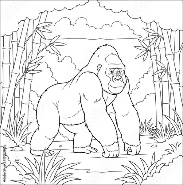 Obraz Cartoon Gorilla in Bamboo Forest — Bold Line Art Illustration for Kids’ Coloring Book and Wildlife Educational Activities