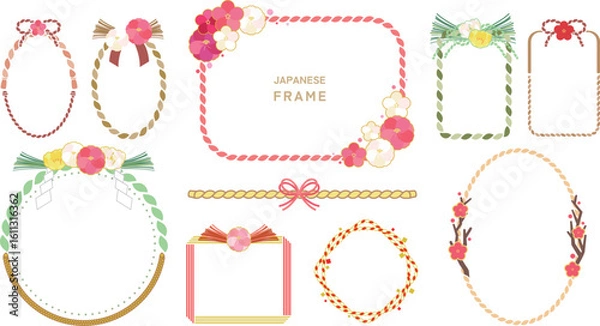 Fototapeta Japanese Rope Frame Set with Floral Decorations – Vector Design with Chrysanthemum, Camellia, Plum, Pine, and Ribbon