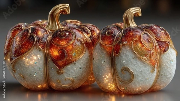 Fototapeta Decorative Glass Pumpkins with Gold Swirls and Bubbles for Autumn and Fall Decor