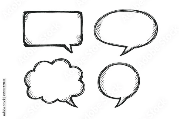 Fototapeta Hand-drawn speech bubbles vector set. Doodle sketch comic clouds. Dialogue balloons, message boxes for chat or thinking. Isolated black and white graphic elements collection.