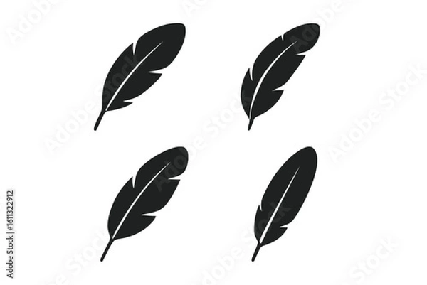 Fototapeta Set of four black feather icons. Simple flat vector silhouette illustration. Symbol of lightness, softness, and writing. Quill pen graphic element for design. Isolated.