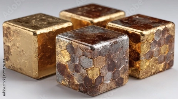 Fototapeta Decorative Metallic Cubes with Honeycomb Pattern in Gold and Silver Tones for Modern Interior Design