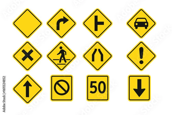 Fototapeta Road traffic signs vector set. Yellow warning, priority, and regulatory signs collection. Driving safety icons like pedestrian crossing, speed limit, and intersection.