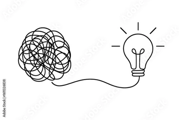 Fototapeta Simplifying the complex, chaos to clarity. Continuous line art of a tangled mess becoming a light bulb. Metaphor for problem solving, innovation, business solution and ideas.