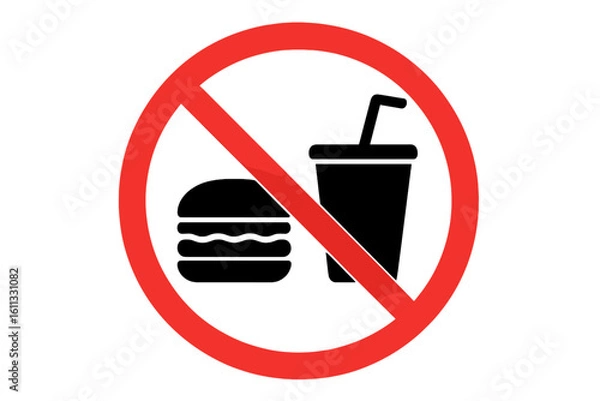 Obraz No food and drink sign. Red prohibition symbol. Eating and drinking not allowed icon. Forbidden food and beverage pictogram for public places. Vector illustration isolated.