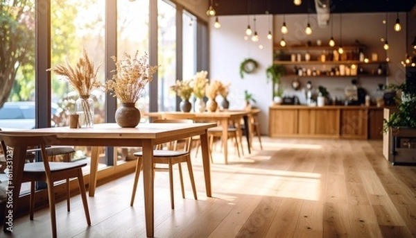 Obraz 自然光が差し込むナチュラルで温かみのある木製家具のカフェ店内の風景イラスト｜カフェ,店内,木製テーブル,自然光,ナチュラル空間,ドライフラワー