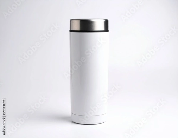 Obraz 白背景に配置されたステンレス製タンブラーのシンプルな商品モックアップイラスト｜タンブラー,白,ドリンク容器,モックアップ,シンプルデザイン