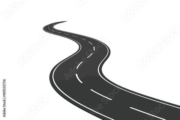 Obraz Winding road isolated on white. Curved asphalt highway in perspective. Metaphor for journey, path, travel, direction, future, progress, and business roadmap.